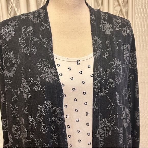 Lands' End Set Black Floral Drapey Kimono Open Front White Tee Top Plus size 1X - Picture 3 of 16